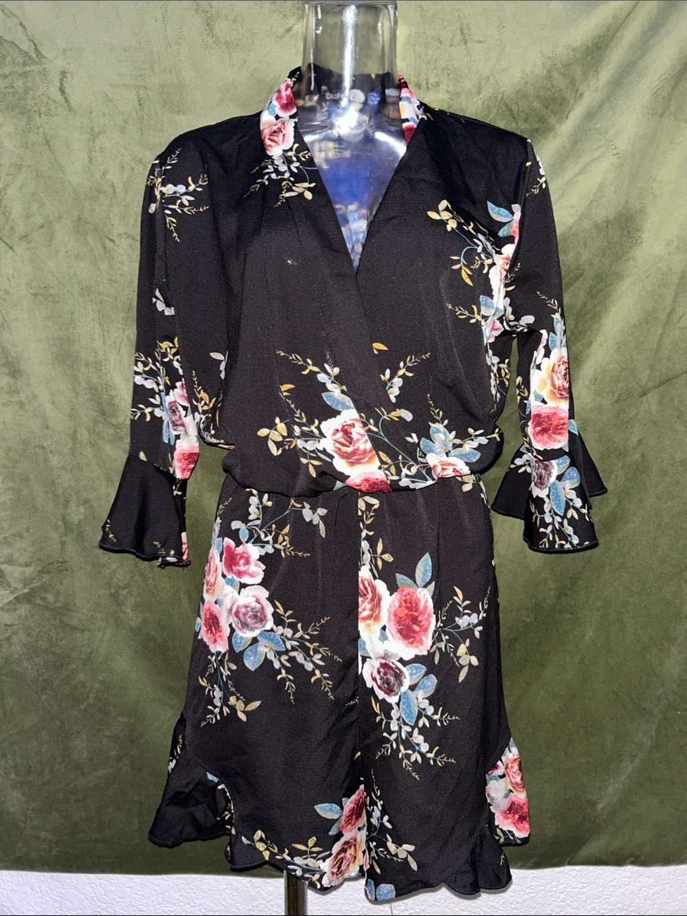 Boohoo Black Floral Tie-Waist Shorts Jumpsuit